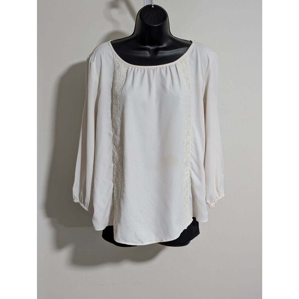 Ann Taylor LOFT Cream Blouse Lace Detail Top Long Sleeve Balloon Sleeve Medium